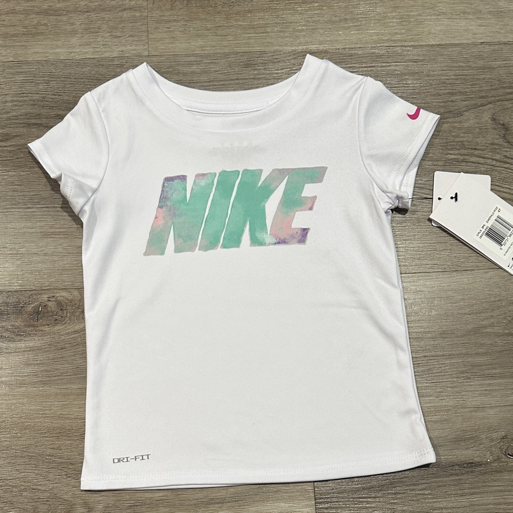 Nike Kids White Tee with Pastel Multicolor Logo